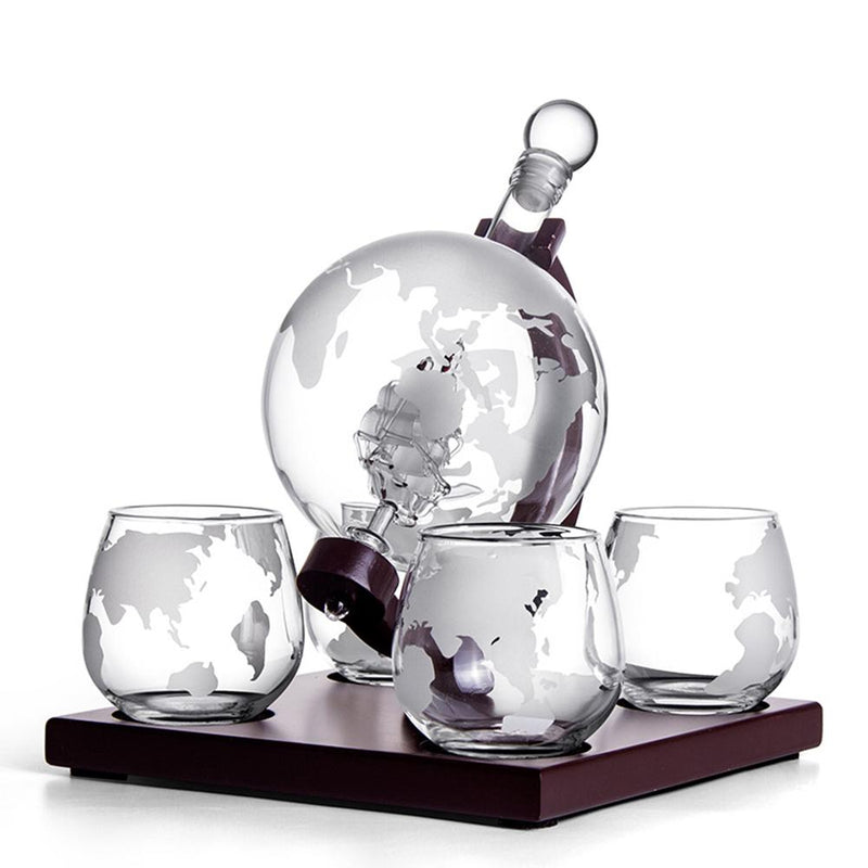 Decanter Globe Set with Etched Globe Drinking Glasses - Set of 4